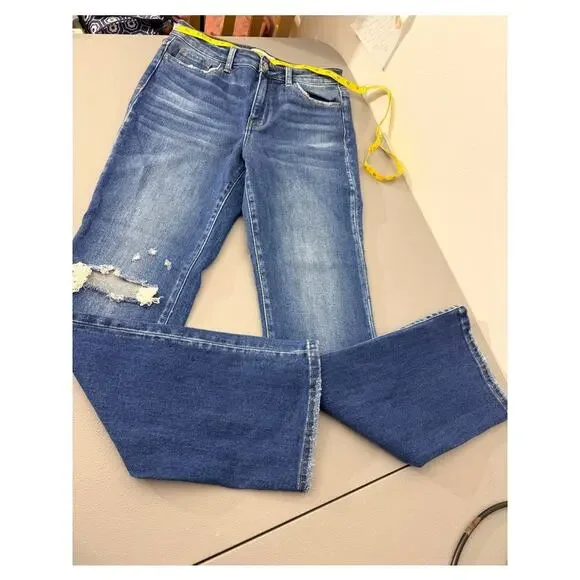 Flying Monkey Distressed Flare Jeans Size 29 Medium Wash Stretch Denim - Picture 2 of 9